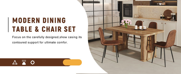 English Elm Table And Chair Set - 64.5" Wood-Textured Dining Table With 4 Techno-Fabric Chairs, Modern Design W1151S04085-GIGA