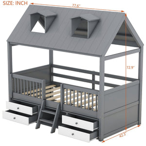 English Elm Twin House Bed Solid Wood Frame with Skylights Ladder Storage Drawers Kids Room Gray LP000465AAE-1