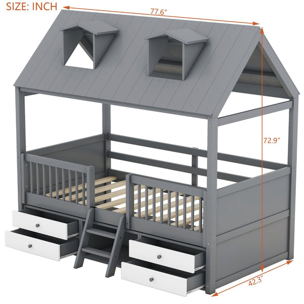 English Elm Twin House Bed Solid Wood Frame with Skylights Ladder Storage Drawers Kids Room Gray LP000465AAE-1