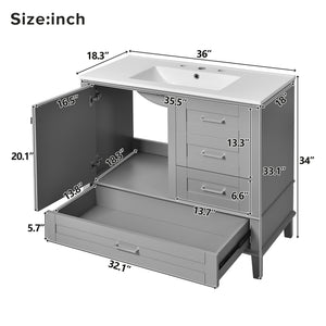 English Elm 36" Grey Bathroom Vanity Solid Pine Frame with Soft-Close Door, 3 Drawers, Ceramic Top, Modern Durability and Storage (36"W) N729P211167E