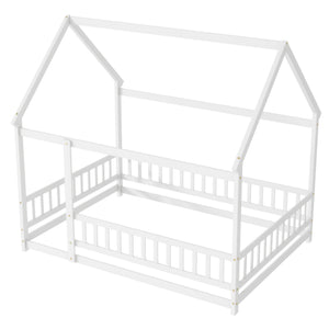 English Elm Full Size House Floor Bed With Roof Frame & Safety Guardrails - Cozy, Imaginative Retreat For Kids W504P286408