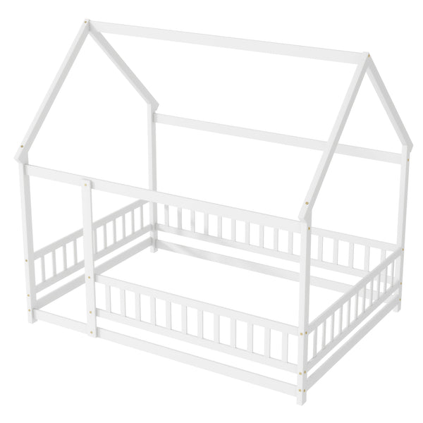 English Elm Full Size House Floor Bed With Roof Frame & Safety Guardrails - Cozy, Imaginative Retreat For Kids W504P286408