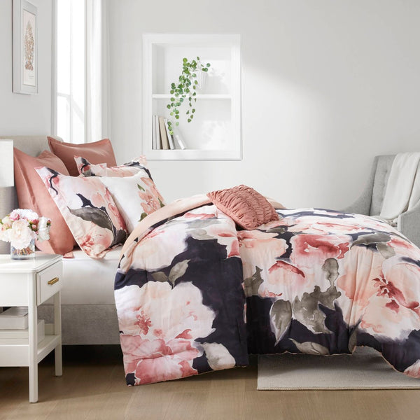 English Elm 7-piece Queen Comforter Set Cotton Print Bedding with Euro Shams and Embroidered Pillows Blush Multi B035P482946