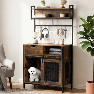 English Elm 2 IN 1 Rustic Dog Crate Side Cabinet Organizer with USB Outlets, Hooks & Sliding Kennel for Dogs N843P256449O