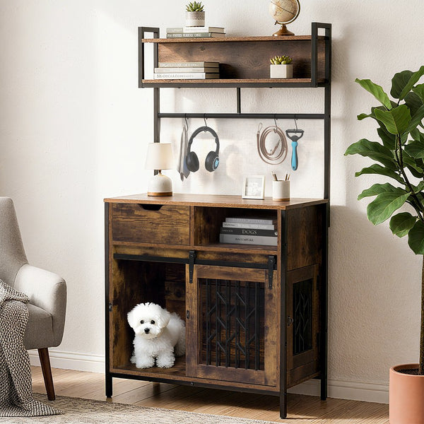 English Elm 2 IN 1 Rustic Dog Crate Side Cabinet Organizer with USB Outlets, Hooks & Sliding Kennel for Dogs N843P256449O