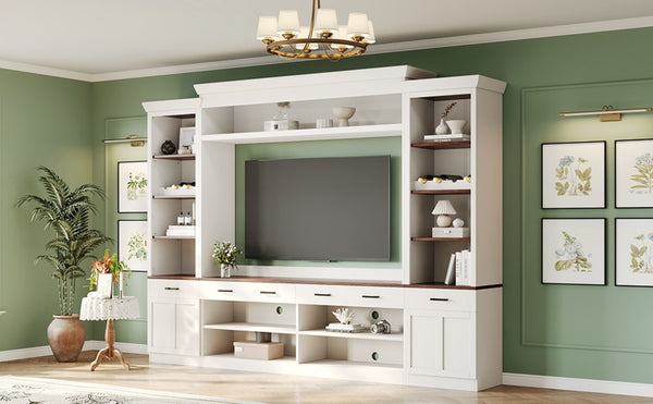 English Elm On-Trend Farmhouse 4-Piece Entertainment Wall Unit For Tvs Up To 70" With Wine Rack & Adjustable Shelves N721S000046K-GIGA