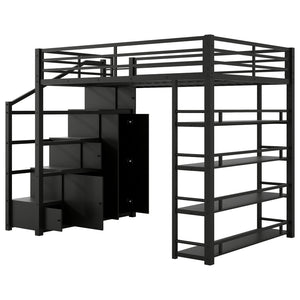 English Elm Full Metal Loft Bed with Built-in Wardrobe Shelving Staircase Storage Industrial GX000664AAB-1