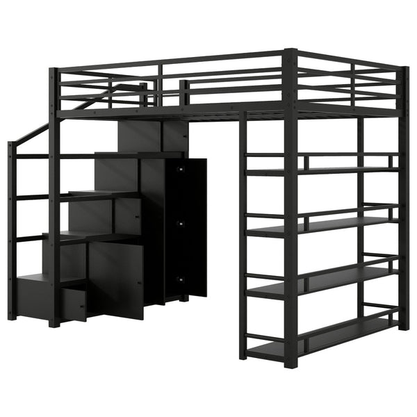 English Elm Full Metal Loft Bed with Built-in Wardrobe Shelving Staircase Storage Industrial GX000664AAB-1