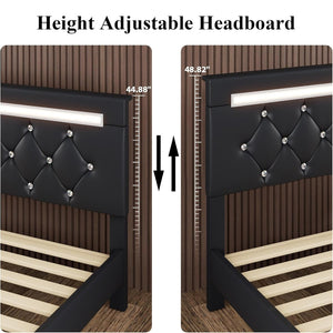 English Elm Queen Platform Bed Wingback Diamond Quilted Headboard Led Lighting Storage Drawers W5722P462498