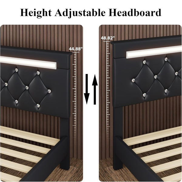 English Elm Queen Platform Bed Wingback Diamond Quilted Headboard Led Lighting Storage Drawers W5722P462498