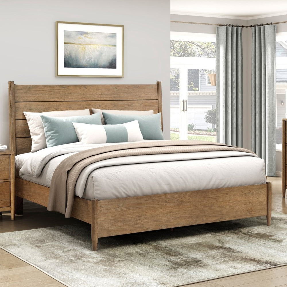 English Elm Modern Hickory Veneer Queen Bed with Tall Headboard and Removable Upholstered Cushion B011S02164