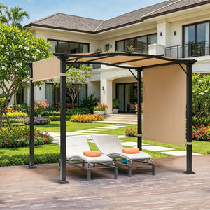 English Elm Backyard European Pergola with Retractable Uv Canopy and Powder Coated Steel Frame T3971S00232
