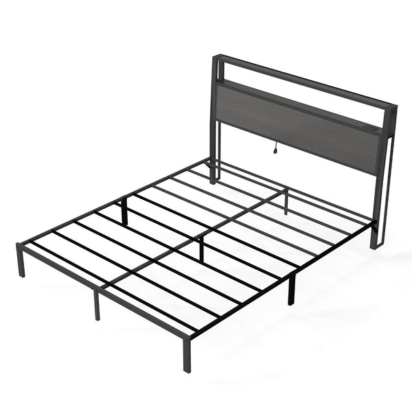 English Elm Queen Metal Platform Bed with Rgb Led Headboard Charging Station and Underbed Storage Dark Grey T3963P483958