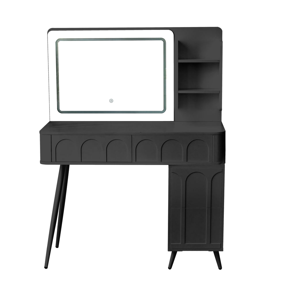 English Elm Modern Makeup Vanity Desk with Slide-Out Cabinet, LED Mirror, 4 Soft-Close Drawers & Cushioned Stool Black N844P257529B