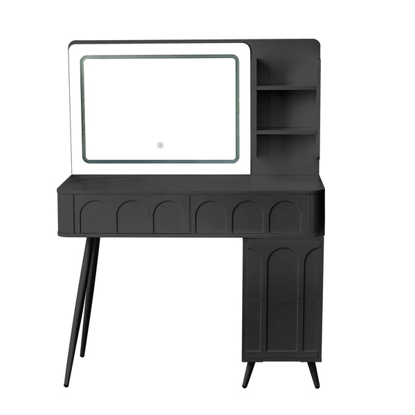 English Elm Modern Makeup Vanity Desk with Slide-Out Cabinet, LED Mirror, 4 Soft-Close Drawers & Cushioned Stool Black N844P257529B
