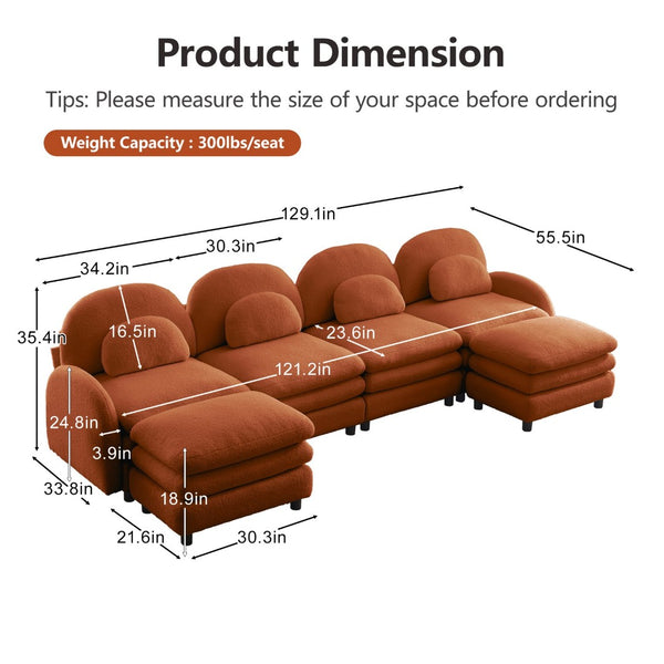 English Elm Teddy Fleece Curved Modular Sectional Sofa with Movable Ottomans for Cozy Living Rooms Orange W5656S00105