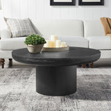 English Elm 35.98Inch Round Coffee Table With Cylindrical Leg,Wood Veneer Tabletop Table,Rounded Sofa Side Table For Living Room Office,Black