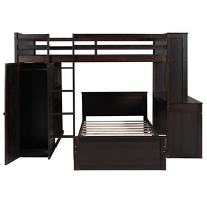 English Elm Full Twin Loft Bed with Desk Wardrobe Shelves Pine Wood Frame Kids Bedroom Espresso LT000821AAP-1
