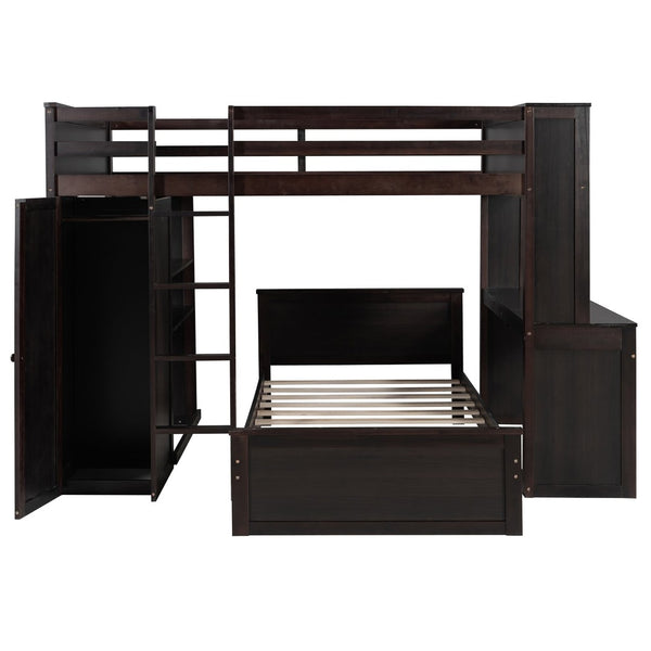 English Elm Full Twin Loft Bed with Desk Wardrobe Shelves Pine Wood Frame Kids Bedroom Espresso LT000821AAP-1