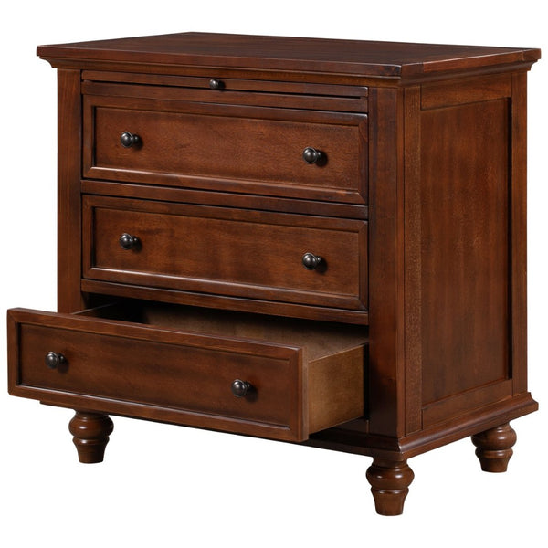 English Elm U_style Minimalist 3 Drawer Nightstand with Pull Out Tray Rubberwood Legs Bedroom Storage Brown WF319367AAD