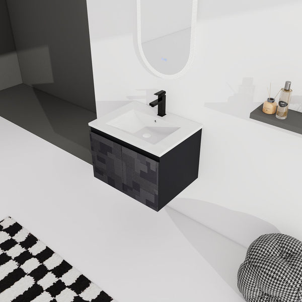 English Elm 24'' Floating Wall-Mounted Bathroom Vanity With Ceramic Sink, Soft-Close Cabinet & Modern Design W999S00170