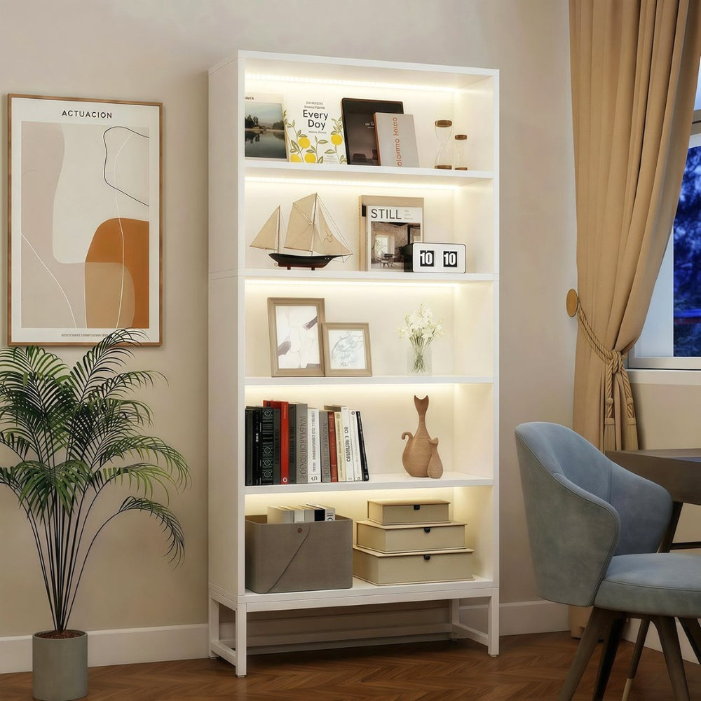 English Elm Tall Five Tier Bookcase with Led Shelf Lighting White Mdf Frame Living Room Display W3204P454083