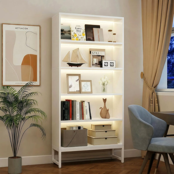 English Elm Tall Five Tier Bookcase with Led Shelf Lighting White Mdf Frame Living Room Display W3204P454083