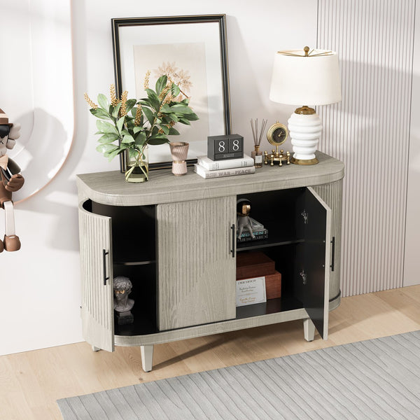 English Elm Modern Curved Sideboard Solid Wood Console Table with 4 Doors, Adjustable Shelves & Zinc Handles for Living Room Storage Scandi Style, Durable 220lb Top Capacity Champagne W757P190336