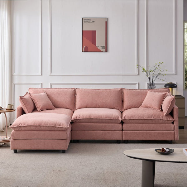 English Elm 105" L-shaped Chenille Sectional with Ottoman Pocket Spring Living Room Sofa Pink W1097S00232