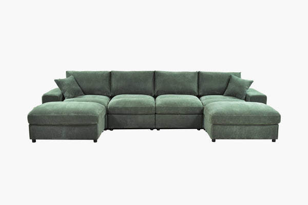 English Elm Sectional with Ottomans Low Profile Modern Minimalist Sofa for Open Living Rooms Dark Green B2748S00092