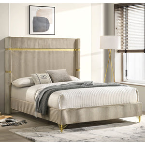 English Elm Malcolm Beige Upholstered Queen Bed with Glam Gold Bands, Plush Channeled Wingback Headboard, Modern Airy Design B062S01342