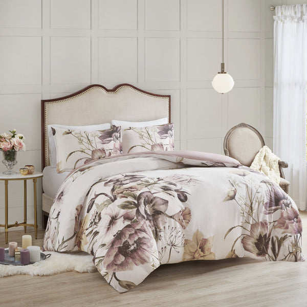 English Elm Full/Queen Cassandra 3-Piece Cotton Duvet Cover Set - Shabby Chic Floral Blush, OEKO-TEX, Button Closure B03597338