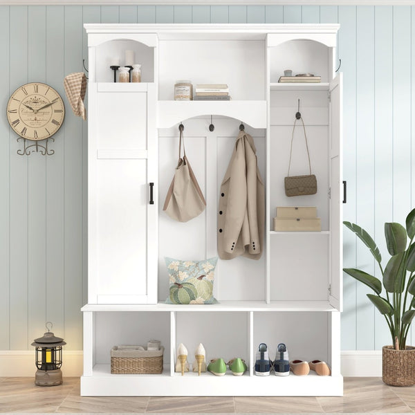 English Elm On-trend Farmhouse Hall Tree with Dual Cabinets Seven Hooks and Arched Entryway Storage White N721S000078K