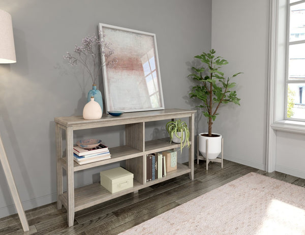 English Elm Wood Open Shelf Bookcase Walnut Finish Mid Century Modern Low Profile Living Room Gray Wash B2751P436407