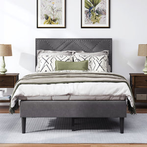 English Elm Full Linen Storage Bed Frame with Rubberwood Platform, Quiet, Sturdy Support, 7.2" Under-Storage Space Carbon Gray W2896P208849