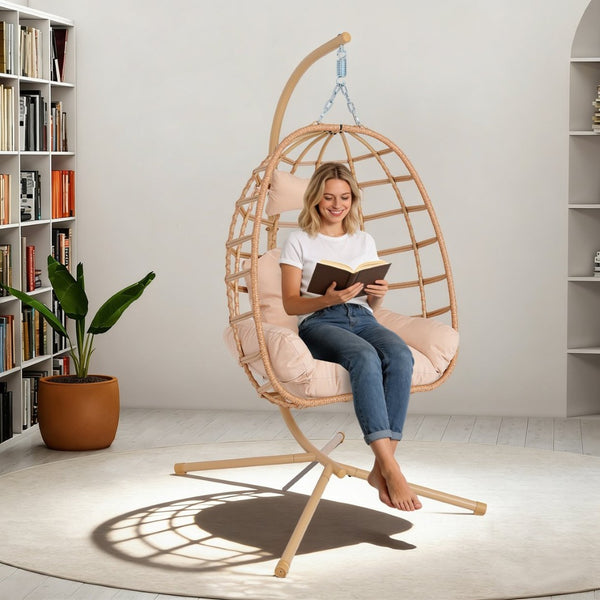 English Elm Egg Hanging Chair with Stand Pe Rattan Swing Seat Washable Cushion 350lb Capacity T5880P497433