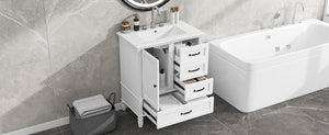 English Elm Christopher Knight Home® - 30" Bathroom Vanity with Ceramic Sink, Acacia & MDF Cabinet, Soft-Close Door & Drawers White N759P346895K
