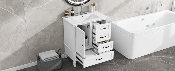 English Elm Christopher Knight Home® - 30" Bathroom Vanity with Ceramic Sink, Acacia & MDF Cabinet, Soft-Close Door & Drawers White N759P346895K