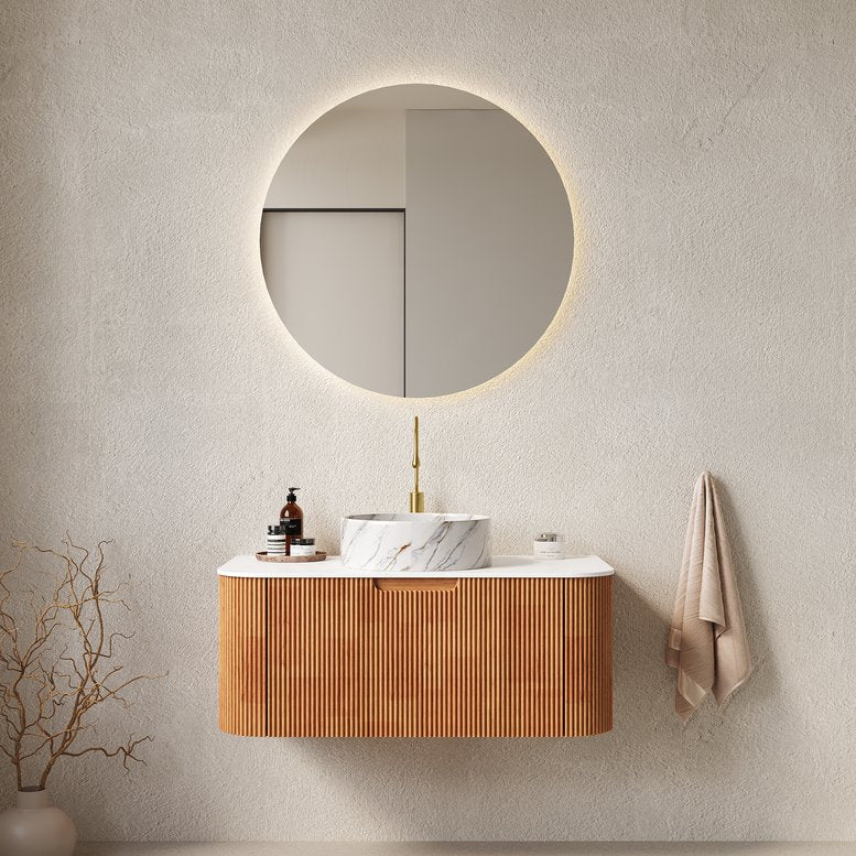 English Elm Dina 36" Wall-Mounted Vanity With Curved Ceramic Basin, Natural Woodgrain, Pre-Assembled Storage Solution W2615S00491