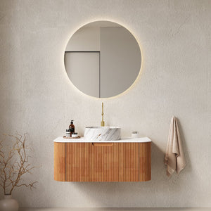 English Elm Dina 36" Wall-Mounted Vanity With Curved Ceramic Basin, Natural Woodgrain, Pre-Assembled Storage Solution W2615S00491