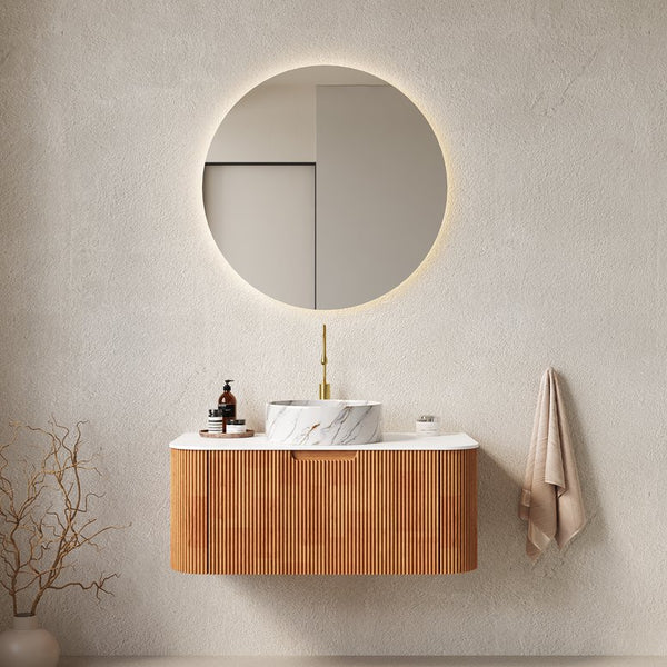 English Elm Dina 36" Wall-Mounted Vanity With Curved Ceramic Basin, Natural Woodgrain, Pre-Assembled Storage Solution W2615S00491