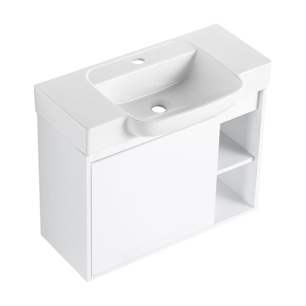 English Elm 28'' Floating Bathroom Vanity with Ceramic Sink Soft Close Door Melamine Cabinet Glossy White W999P426642