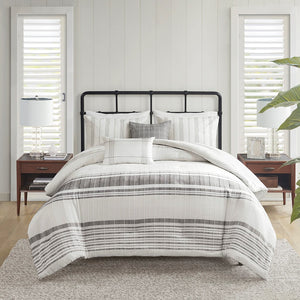 English Elm 5 Piece Cotton Jacquard Duvet Set - Elegant White & Charcoal King/Cal King For Cozy Farmhouse Style B035129124