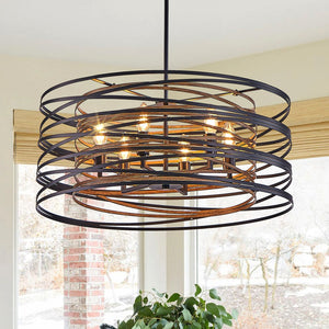 English Elm 24" Rustic Industrial Pendant Light, 6-Light Black & Walnut Metal Cage Chandelier with Wood Accents for Kitchen Island Dining Room W2312P368685