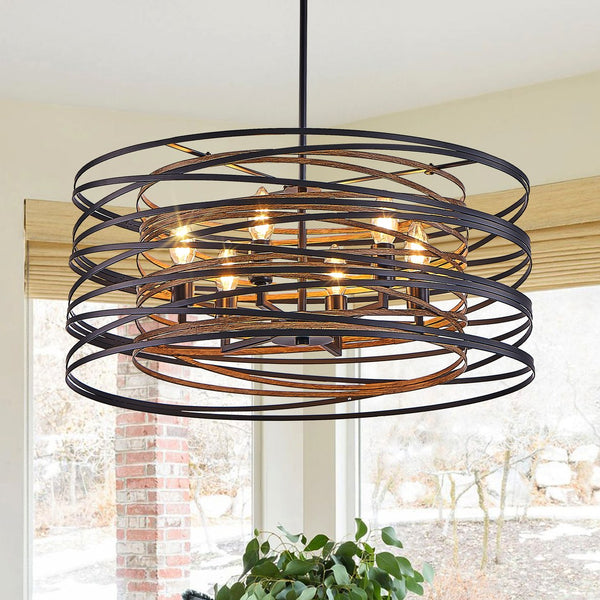 English Elm 24" Rustic Industrial Pendant Light, 6-Light Black & Walnut Metal Cage Chandelier with Wood Accents for Kitchen Island Dining Room W2312P368685