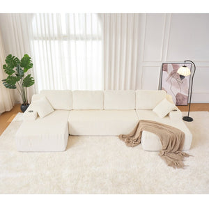 English Elm U-shaped Corduroy Cloud Sectional Sofa with Pocket Springs and Modular Living Room Seating Beige W3366S00004