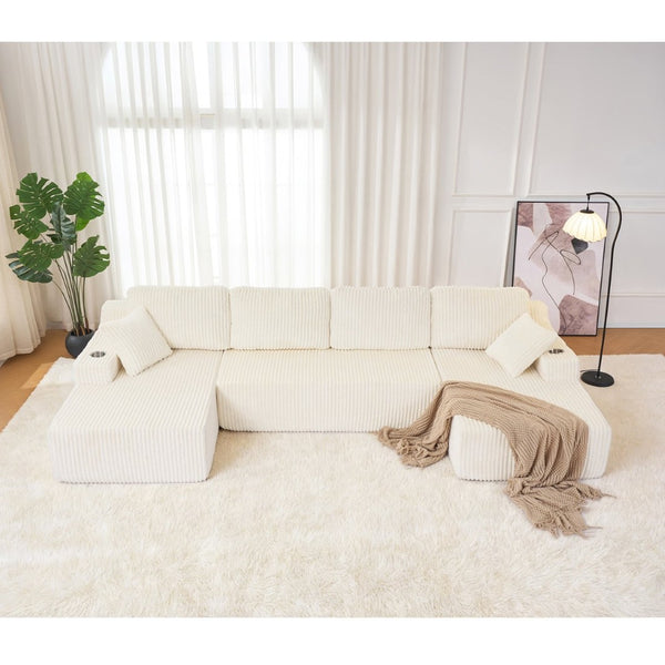 English Elm U-shaped Corduroy Cloud Sectional Sofa with Pocket Springs and Modular Living Room Seating Beige W3366S00004