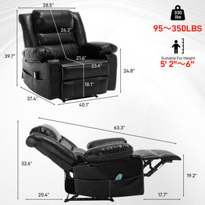 English Elm Breathable Leather Massage Recliner with 8-Point Massage, Heated Lumbar, 4-Zone Relief & Pockets Black W1403P156678