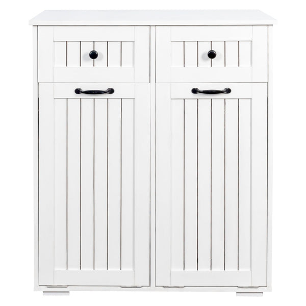 English Elm Laundry Sorting Cabinet with Two Hamper Bags Two Drawers and Melamine Finish W331P373959