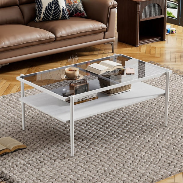 English Elm Rectangle Coffee Table - Modern Gray Tempered Glass Top With Stylish White Legs For Living Room Elegance W241139569-GIGA